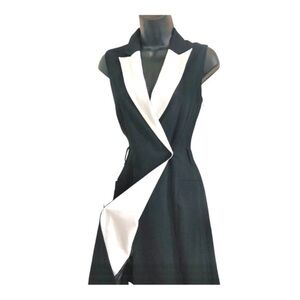 Calvin Klein black zip up white lapel tuxedo style sleeveless dress size 4 new‎